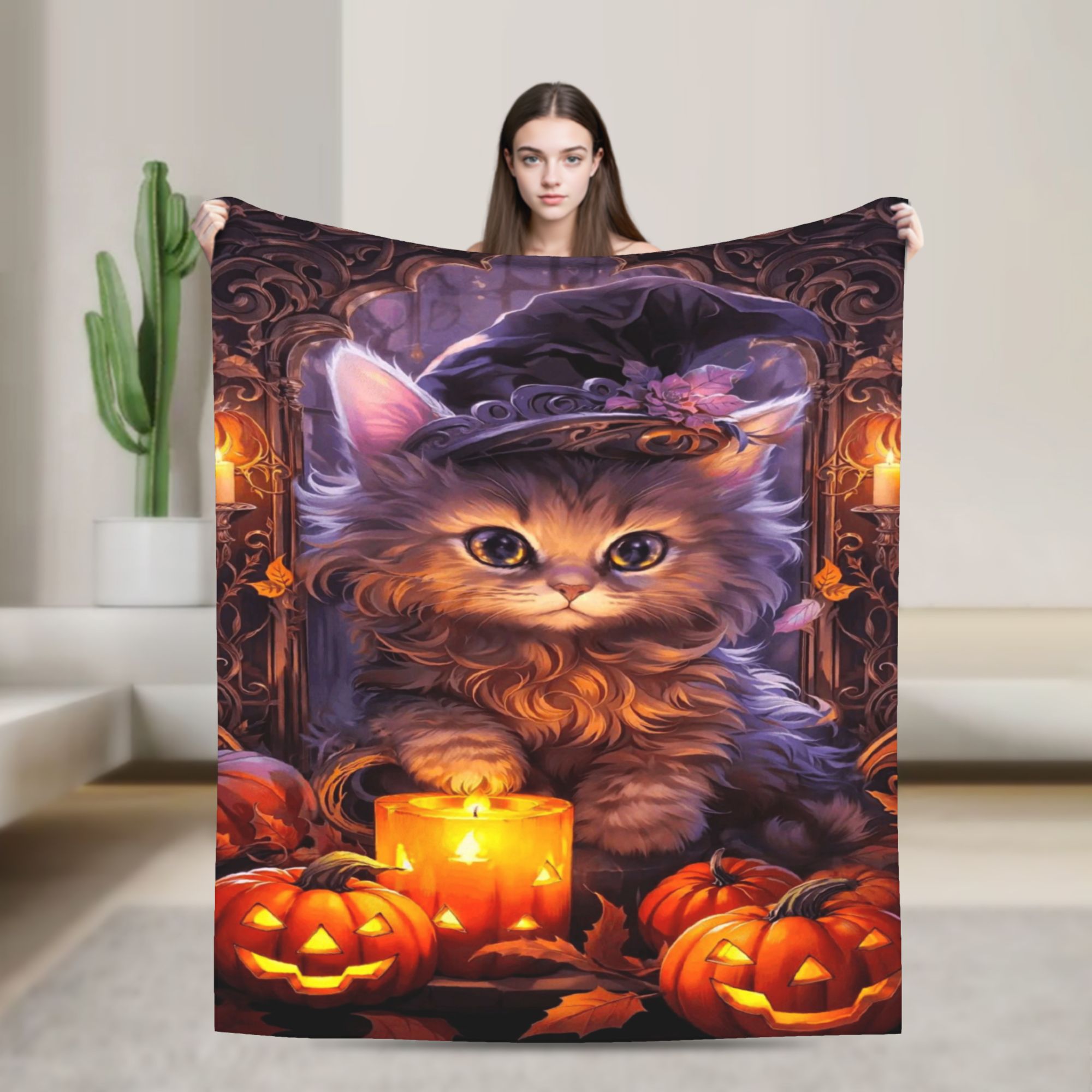 Street Fashion Loverboy - Selimut Halloween Kucing Hitam Bertema Penyihir,