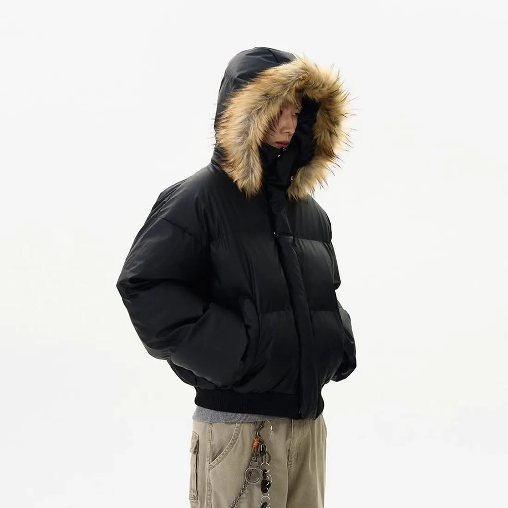 Street Fashion High End - Jaket kulit Pu bertudung kerah bulu