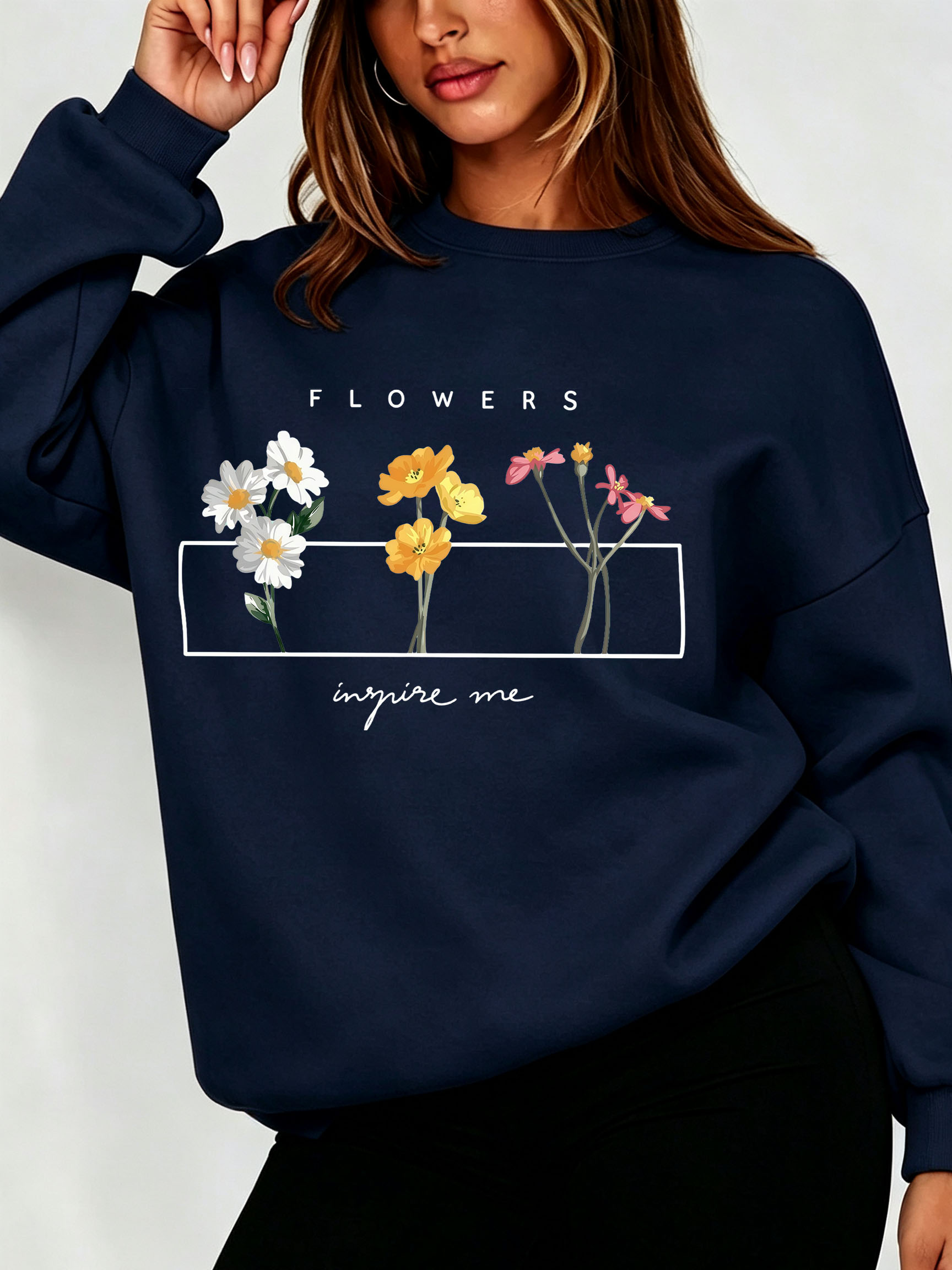 Oversized Crewneck Fleece - Sweatshirt Wanita Motif Bunga Daisy Minimalis