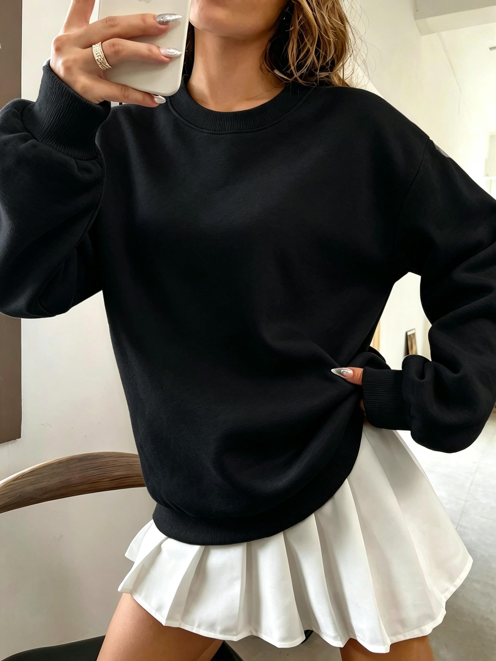 Oversized Crewneck Fleece - Sweatshirt Wanita Oversized Warna Solid Gaya