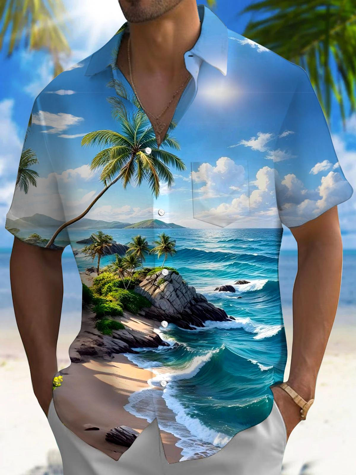 Street Fashion Walk - Kemeja Kancing Lengan Pendek Motif Pantai