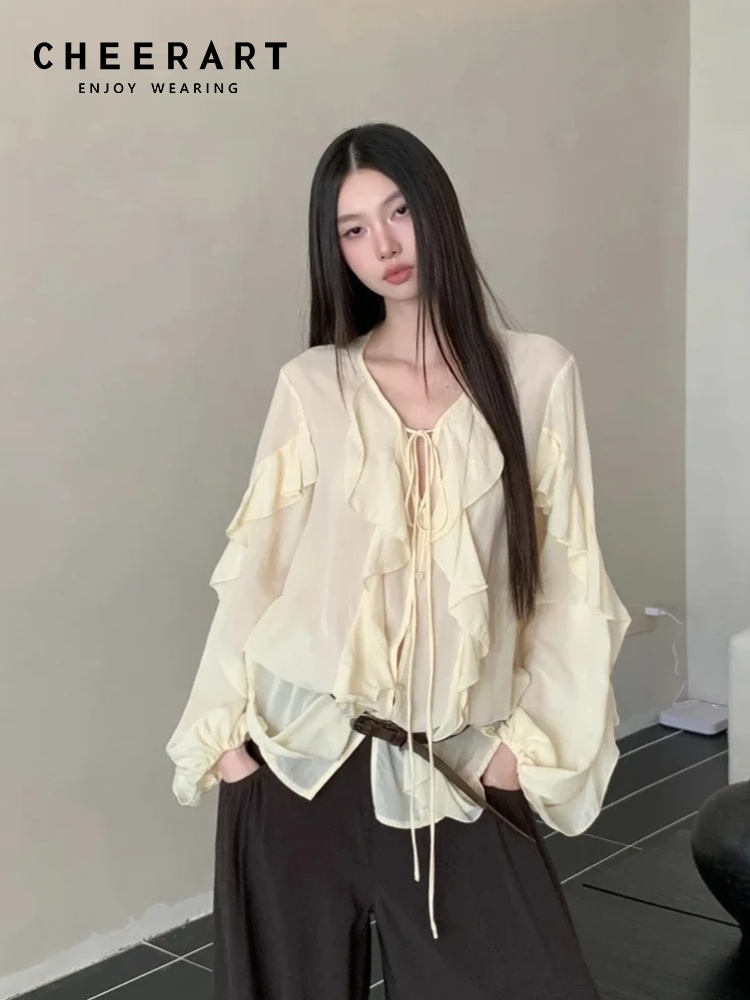 Blus CHEERART Kerut V-Neck Ika - Street Fashion Fall 2025 ulasan dan harga